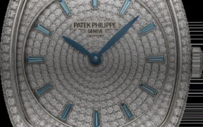 Patek Philippe Gondolo Ladies First Joaillerie 7043/250G-001 in white gold, diamond-set dial and blue topaz hour markers, with peacock-blue strap.